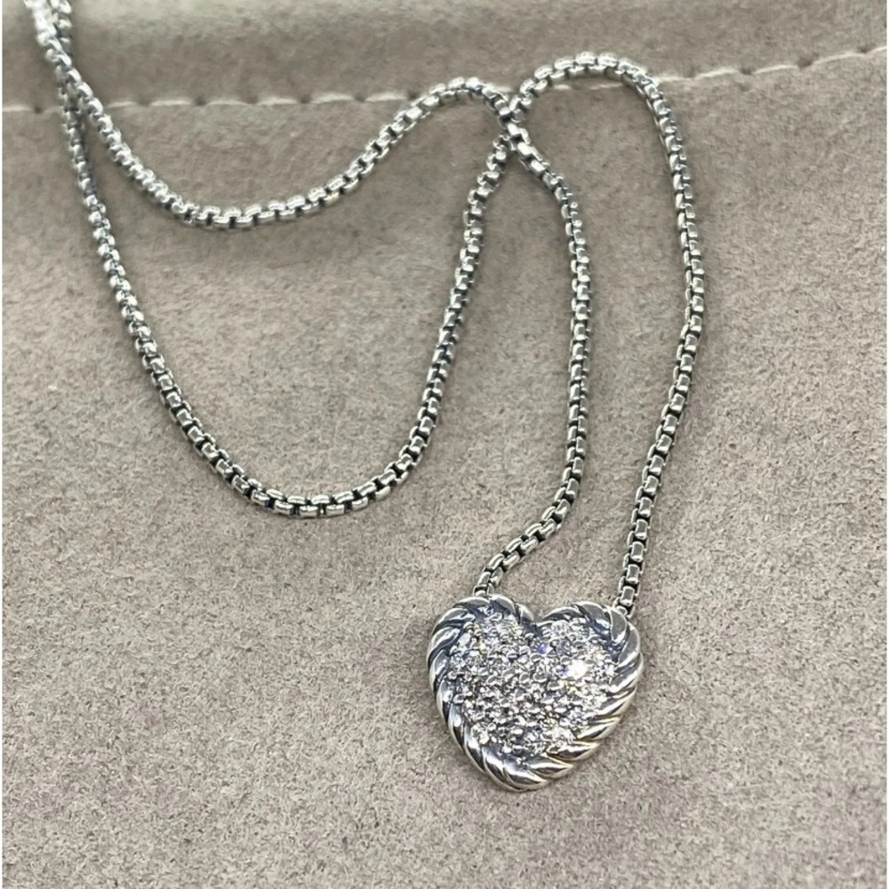 David Yurman petite pave heart necklace with diamonds/ sterling silver 16-17”